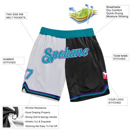 Custom Name Number Basketball Shorts - Personalized Teal-Black Authentic Throwback Split Fashion Style Personalized White