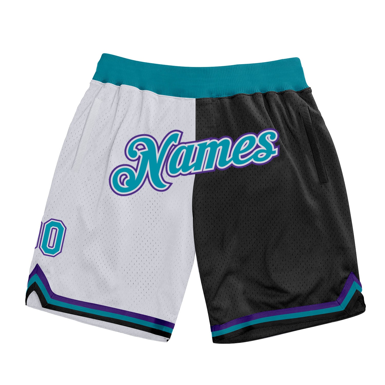 Custom Name Number Basketball Shorts - Personalized Teal-Black Authentic Throwback Split Fashion Style Personalized White