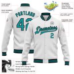 Custom Team Name and Number Bomber Jacket - Personalized Teal-Black Full-Snap Varsity Letterman Jacket Personalized White