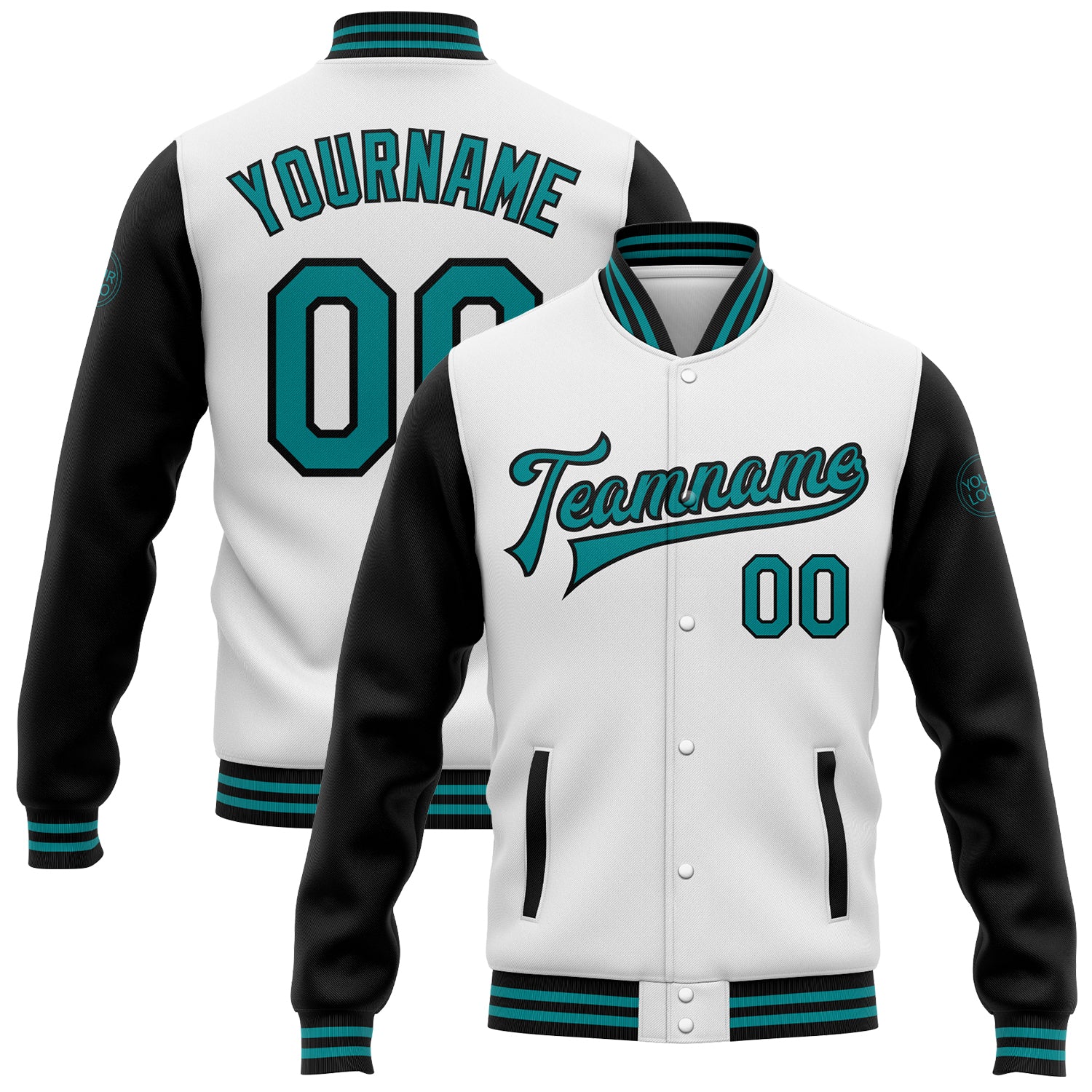 Custom Two Tone Bomber Jacket with Name and Number - Personalized White Teal-Black Varsity Letterman Full-Snap Style Personalized