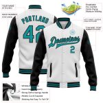 Custom Two Tone Bomber Jacket with Name and Number - Personalized White Teal-Black Varsity Letterman Full-Snap Style Personalized