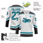 Custom Name and Number Hockey Jersey in White Teal-Black Lace Neck - Personalized Team Apparel Personalized White Teal-Black