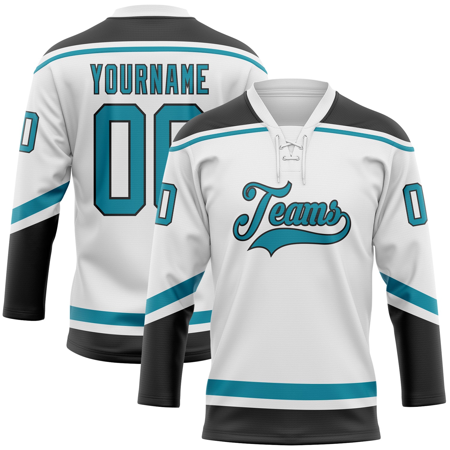 Custom Name and Number Hockey Jersey in White Teal-Black Lace Neck - Personalized Team Apparel Personalized White Teal-Black