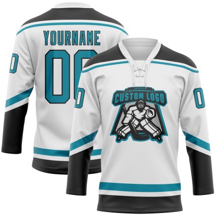Custom Name and Number Hockey Jersey in White Teal-Black Lace Neck - Personalized Team Apparel Personalized White Teal-Black