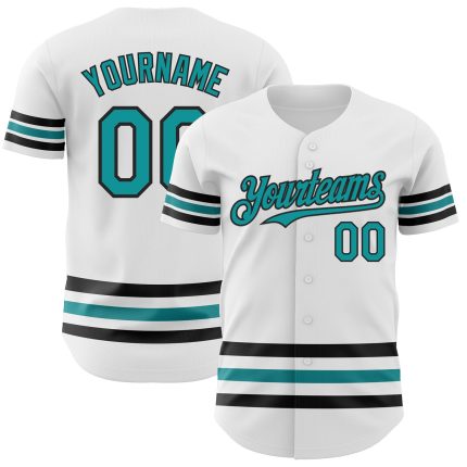 Custom Name and Number Personalized Baseball Jersey - White Teal Black Line Authentic Team Gear Personalized White Teal-Black