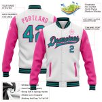 Custom Name Number Two-Tone Varsity Bomber Jacket for Team - Personalized White Teal Black Pink Full-Snap Letterman Personalized