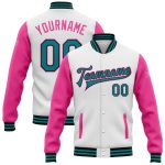 Custom Name Number Two-Tone Varsity Bomber Jacket for Team - Personalized White Teal Black Pink Full-Snap Letterman Personalized