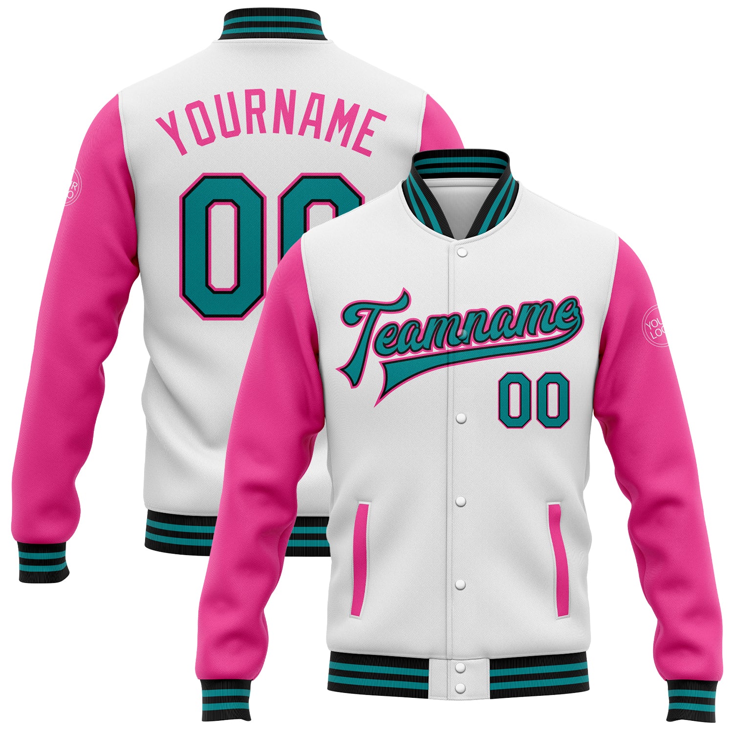 Custom Name Number Two-Tone Varsity Bomber Jacket for Team - Personalized White Teal Black Pink Full-Snap Letterman Personalized