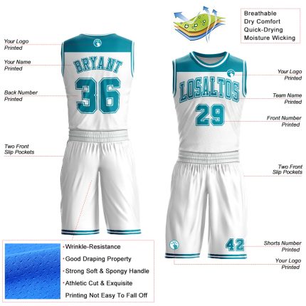Personalized Teal Color Block Basketball Jersey - White Round Neck Sublimation Suit Personalized White Teal Color Block Round