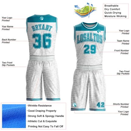 Custom Basketball Jersey with Name and Number, Personalized White Teal Color Block Round Neck Sublimation Suit Personalized