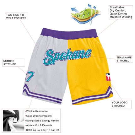 Custom Name Number Basketball Shorts | Personalized Teal Gold Authentic Throwback Split Fashion Style Personalized White