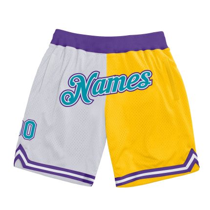 Custom Name Number Basketball Shorts | Personalized Teal Gold Authentic Throwback Split Fashion Style Personalized White