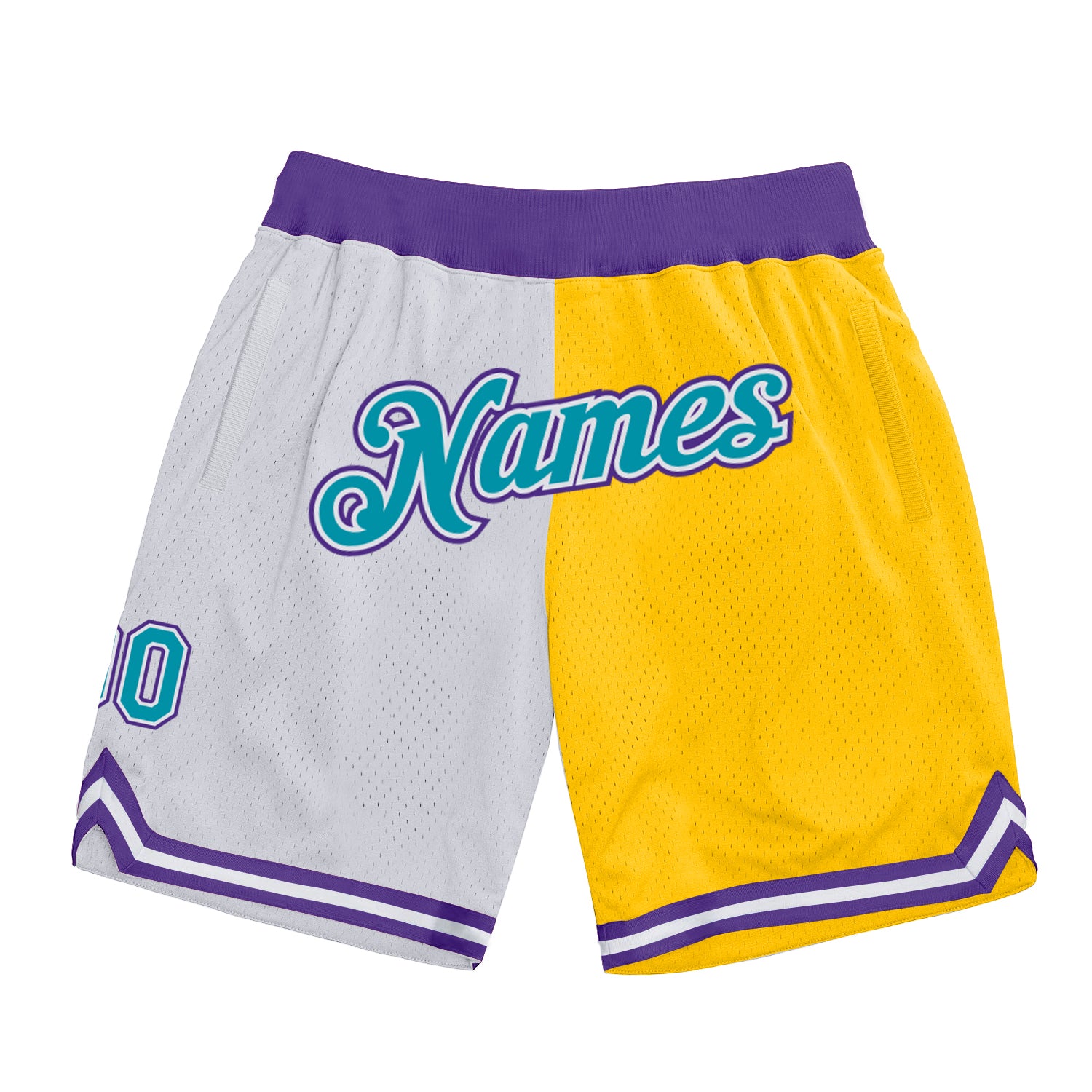 Custom Name Number Basketball Shorts | Personalized Teal Gold Authentic Throwback Split Fashion Style Personalized White