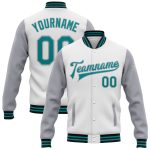 Custom Varsity Letterman Jacket with Personalized Team Name and Number - Two Tone White Teal Gray Black Bomber Full-Snap