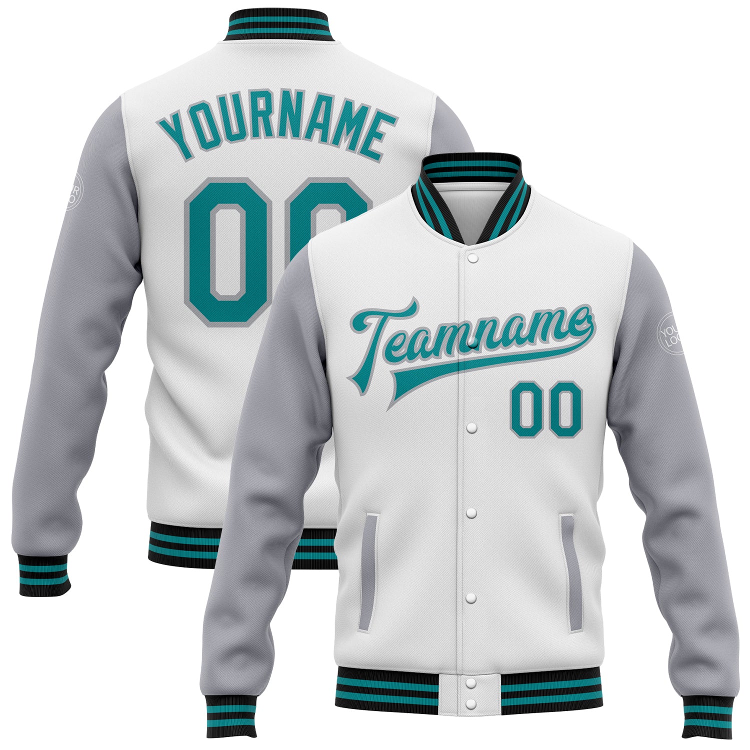 Custom Varsity Letterman Jacket with Personalized Team Name and Number - Two Tone White Teal Gray Black Bomber Full-Snap