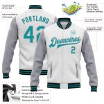 Custom Varsity Letterman Jacket with Personalized Team Name and Number - Two Tone White Teal Gray Black Bomber Full-Snap