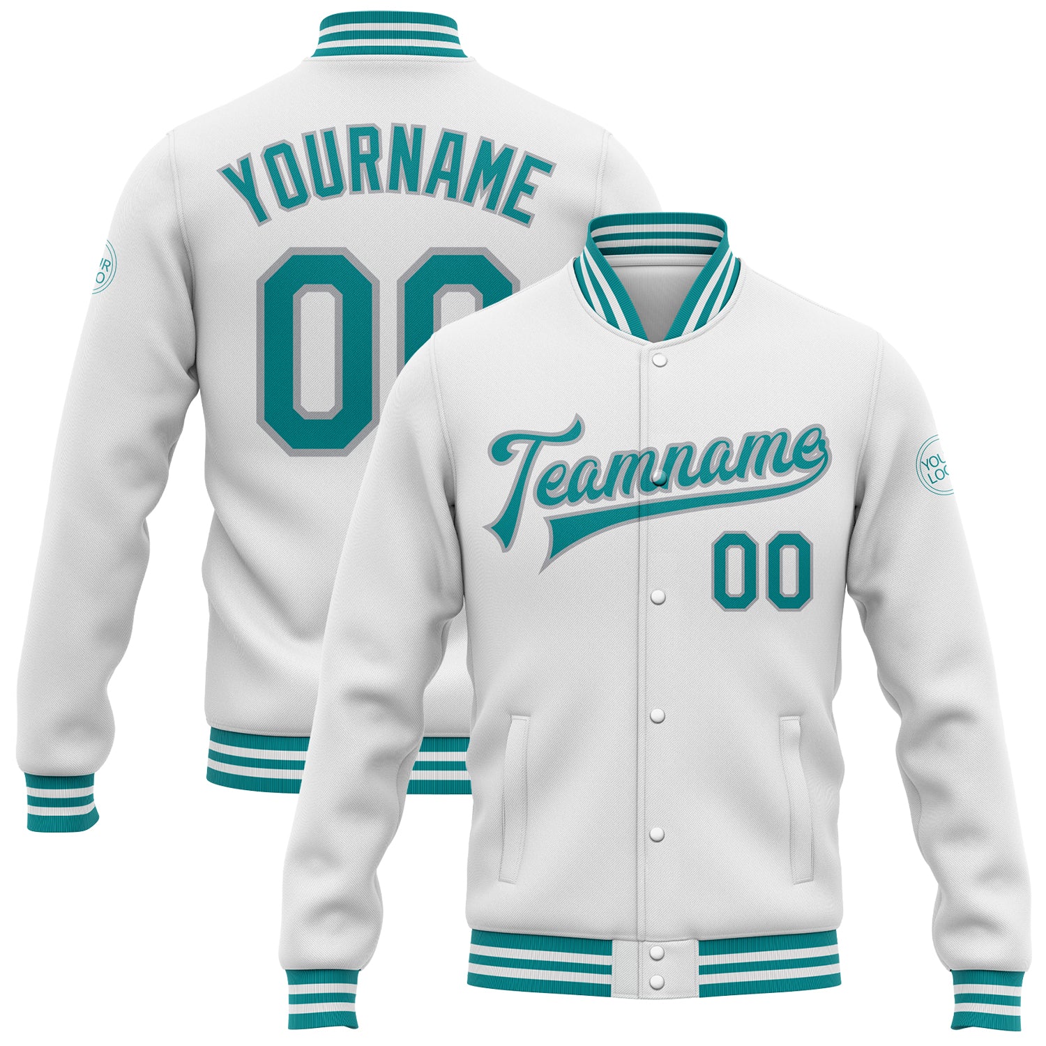 Custom Name and Number Bomber Jacket in White Teal-Gray Varsity Style full-snap design for Team - Personalized Letterman Jacket