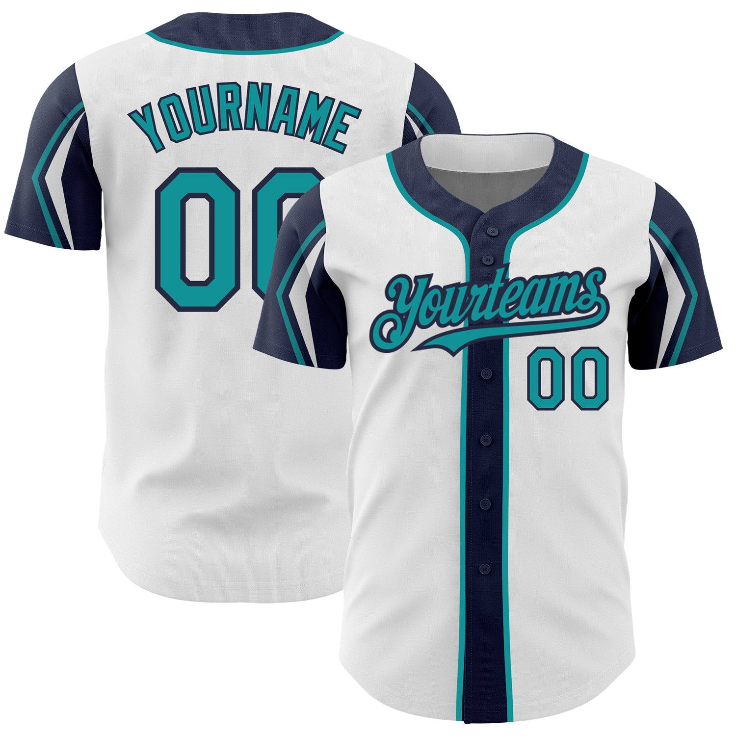 Personalized Baseball Jersey with Custom Name and Number in White, Teal, and Navy - Authentic Team Apparel Personalized White