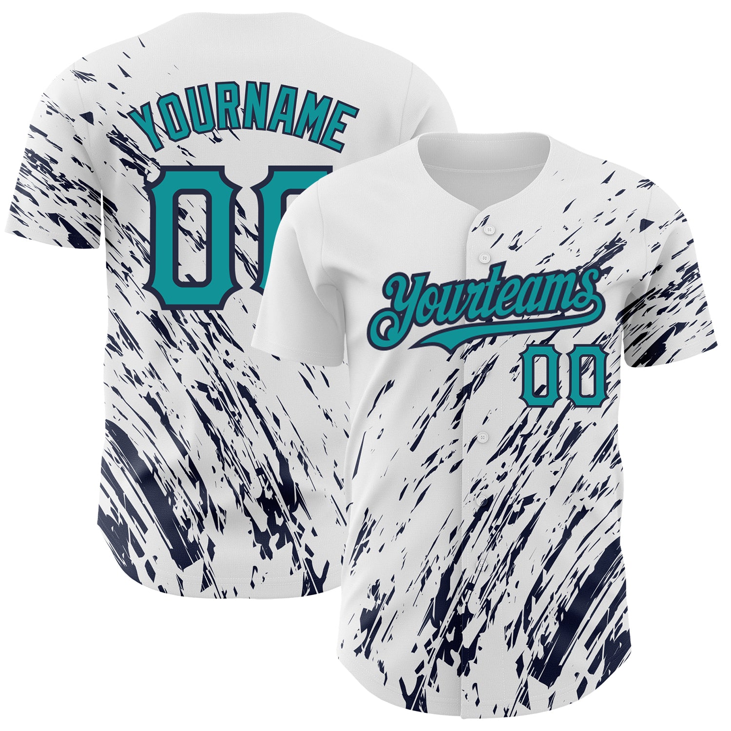 Personalized 3D Pattern Baseball Jersey Custom Name and Number in White Teal Navy Abstract Splash Design Personalized White