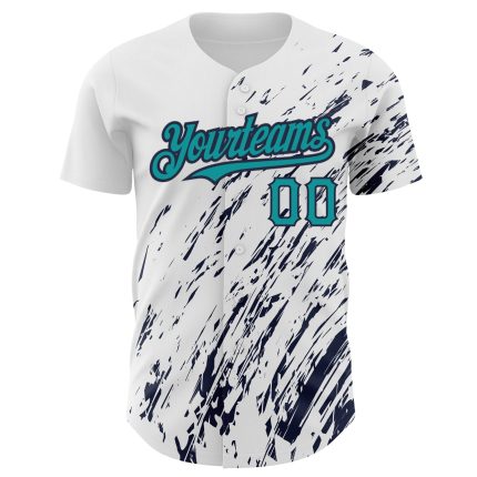 Personalized 3D Pattern Baseball Jersey Custom Name and Number in White Teal Navy Abstract Splash Design Personalized White
