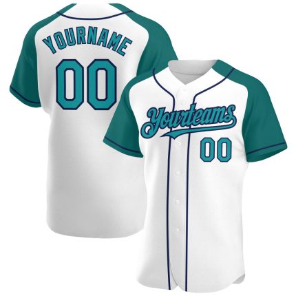 Custom Teal-Navy Personalized Baseball Jersey with Name and Number - Authentic White Raglan Sleeves Personalized White Teal-Navy