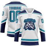 Custom Name and Number Personalized Hockey Jersey in White Teal-Navy Lace Neck Design Personalized White Teal-Navy Hockey