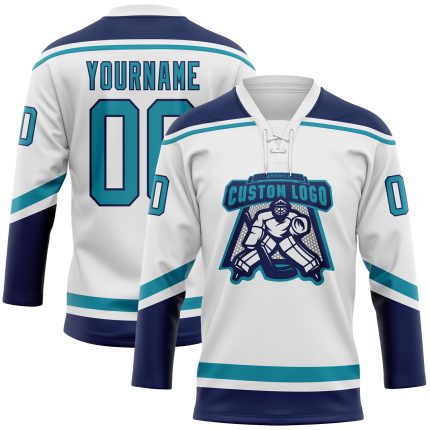 Custom Name and Number Personalized Hockey Jersey in White Teal-Navy Lace Neck Design Personalized White Teal-Navy Hockey