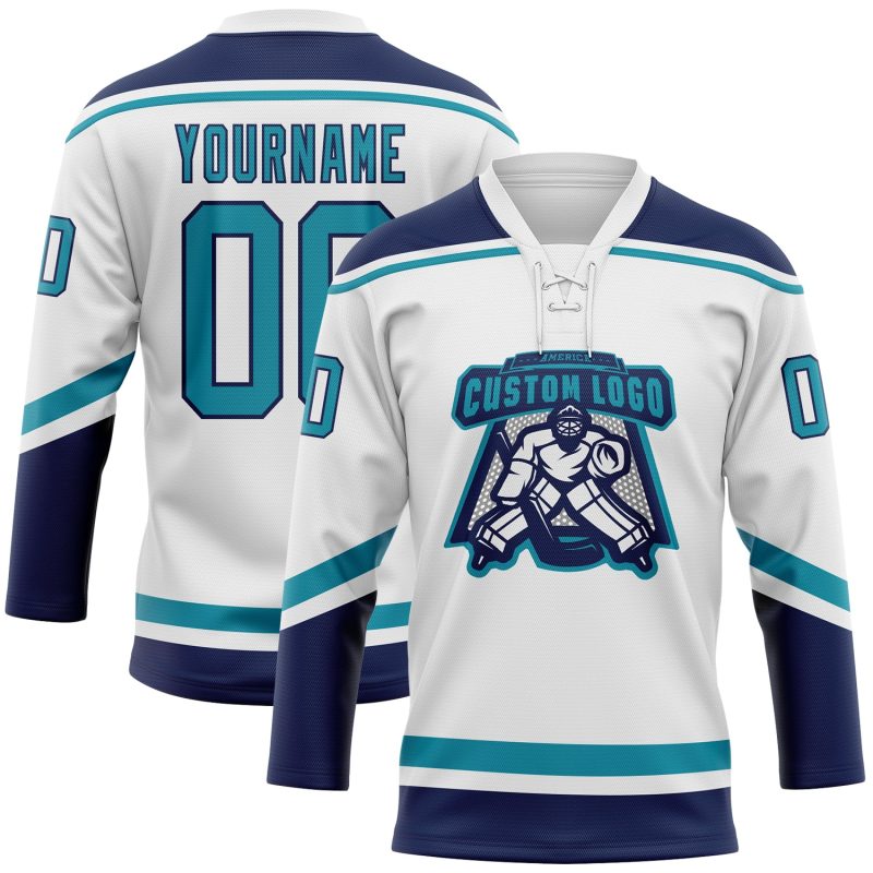 Custom Name and Number Personalized Hockey Jersey in White Teal-Navy Lace Neck Design Personalized White Teal-Navy Hockey