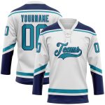 Custom Name and Number Personalized Hockey Jersey in White Teal-Navy Lace Neck Design Personalized White Teal-Navy Hockey