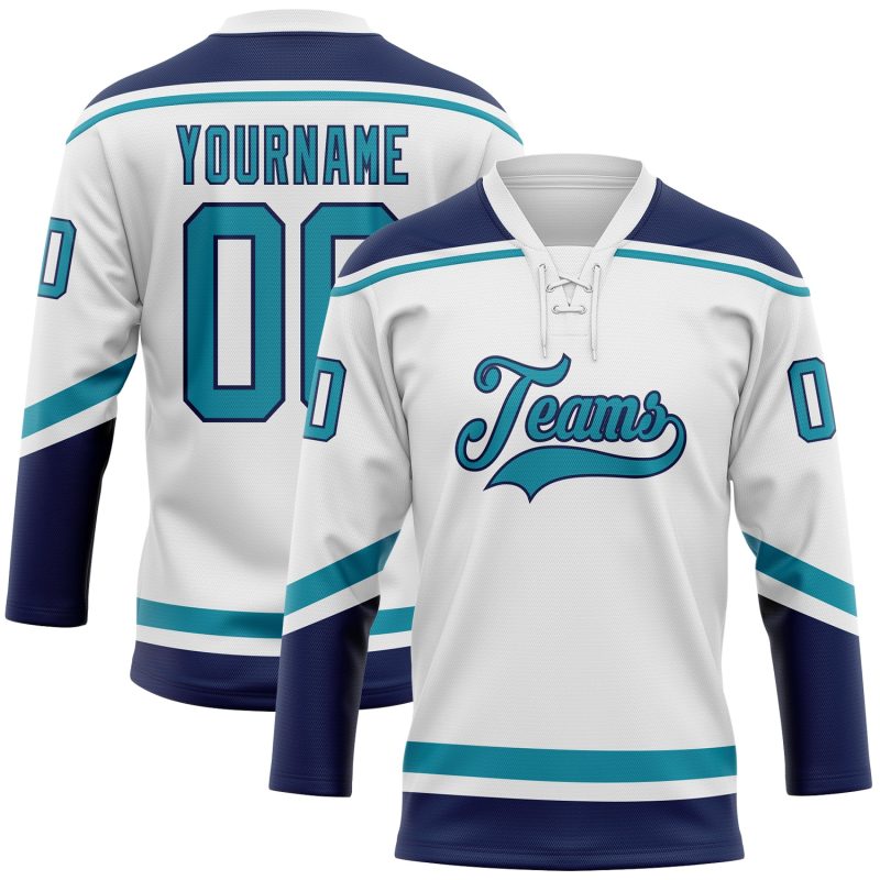 Custom Name and Number Personalized Hockey Jersey in White Teal-Navy Lace Neck Design Personalized White Teal-Navy Hockey