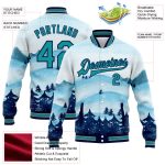 Custom Name Number Varsity Jacket Bomber Teal Navy Watercolor Forest Snow Landscape 3D Pattern Design for Team Winter Wear