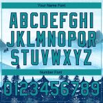 Custom Name Number Varsity Jacket Bomber Teal Navy Watercolor Forest Snow Landscape 3D Pattern Design for Team Winter Wear