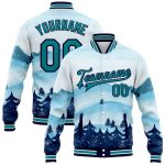 Custom Name Number Varsity Jacket Bomber Teal Navy Watercolor Forest Snow Landscape 3D Pattern Design for Team Winter Wear