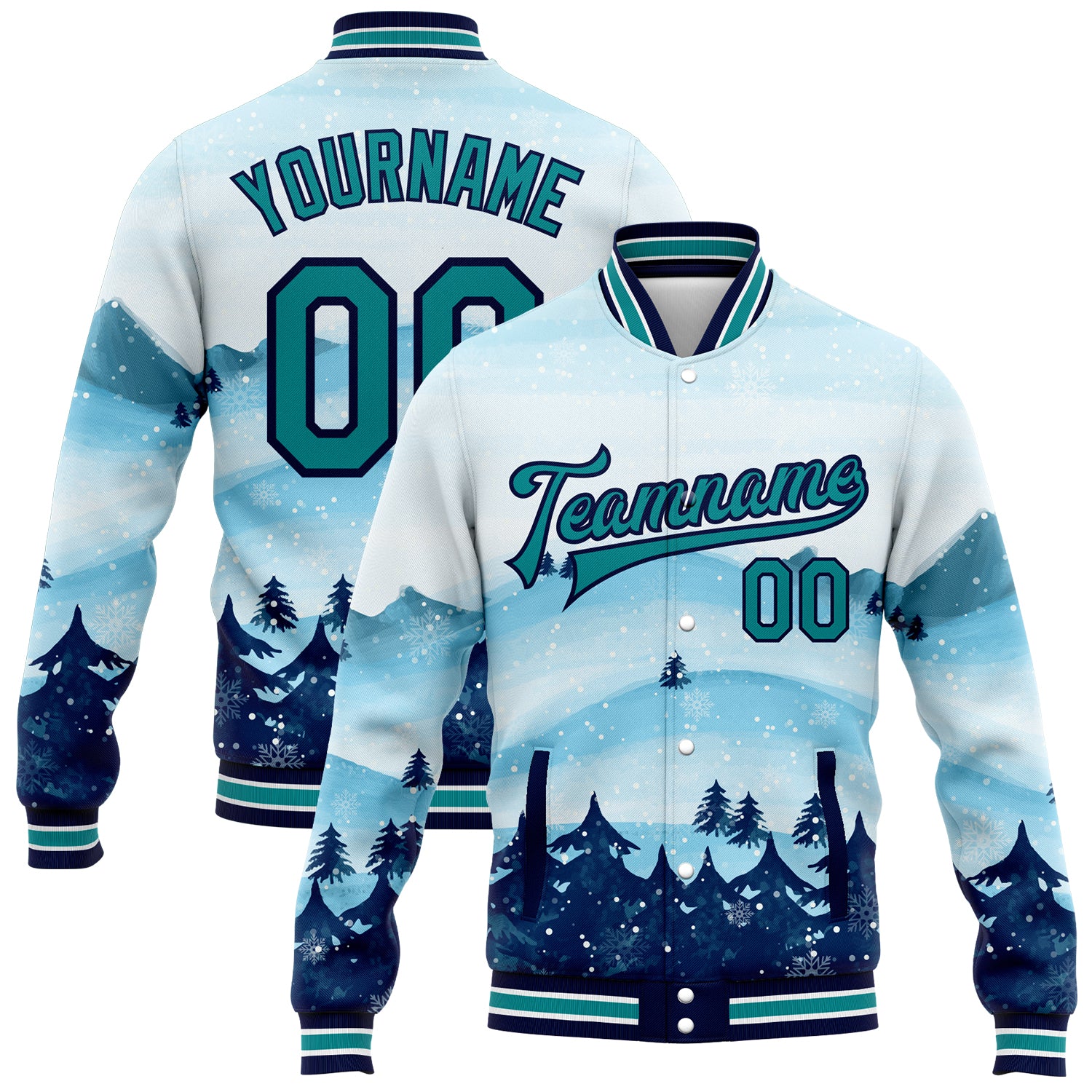Custom Name Number Varsity Jacket Bomber Teal Navy Watercolor Forest Snow Landscape 3D Pattern Design for Team Winter Wear
