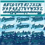 Custom Name Number Varsity Jacket Bomber Teal Navy Watercolor Forest Snow Landscape 3D Pattern Design for Team Winter Wear