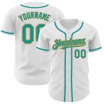 Custom Name and Number Personalized Baseball Jersey in White Teal-Old Gold - Authentic Team Jersey Personalized White Teal-Old