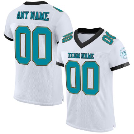 Custom Authentic Football Jersey with Personalized Name and Number - White Teal Old Gold/Black Mesh Personalized White Teal