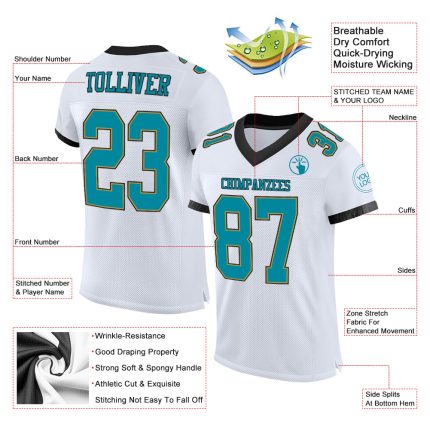 Custom Authentic Football Jersey with Personalized Name and Number - White Teal Old Gold/Black Mesh Personalized White Teal