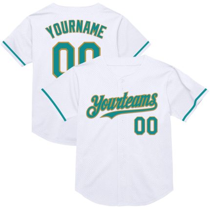 Custom Name & Number Personalized Baseball Jersey - White Teal Old Gold Mesh Authentic Throwback Personalized White Teal-Old