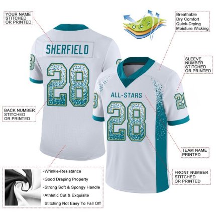 Custom Fashion Football Jersey with Personalized Name and Number - White Teal-Old Gold Mesh Design Personalized White Teal-Old