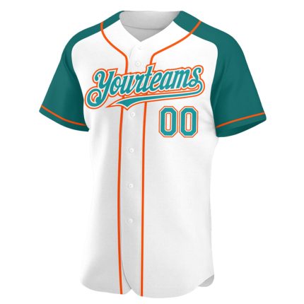 Custom Name and Number Personalized Baseball Jersey in White Teal-Orange Authentic Raglan Sleeves Personalized White Teal-Orange