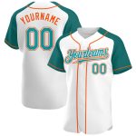 Custom Name and Number Personalized Baseball Jersey in White Teal-Orange Authentic Raglan Sleeves Personalized White Teal-Orange