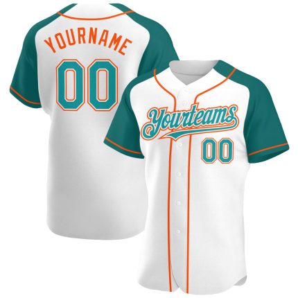 Custom Name and Number Personalized Baseball Jersey in White Teal-Orange Authentic Raglan Sleeves Personalized White Teal-Orange