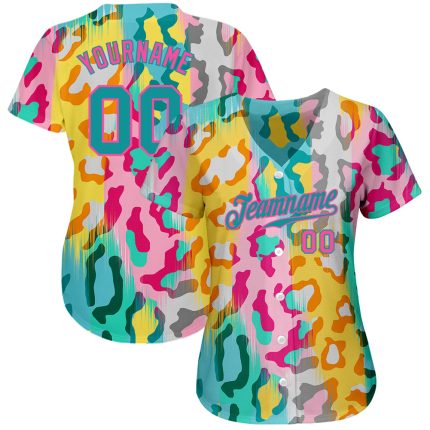 Custom Name and Number Leopard Design Baseball Jersey in Teal-Pink 3D Pattern - Personalized Authentic Sports Apparel Personalized