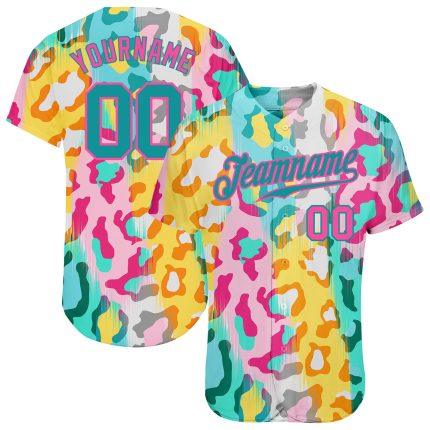 Custom Name and Number Leopard Design Baseball Jersey in Teal-Pink 3D Pattern - Personalized Authentic Sports Apparel Personalized