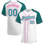 Custom Name and Number Baseball Jersey - Personalized White Teal-Pink Authentic Raglan Sleeves Personalized White Teal-Pink