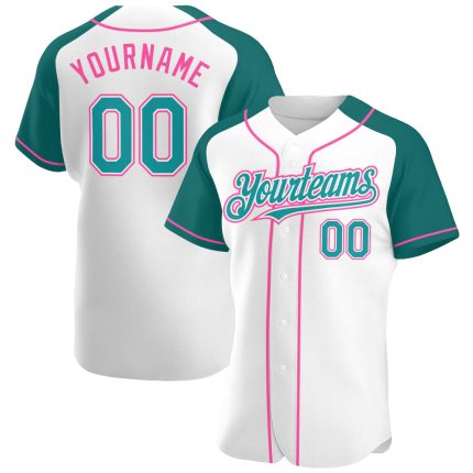 Custom Name and Number Baseball Jersey - Personalized White Teal-Pink Authentic Raglan Sleeves Personalized White Teal-Pink