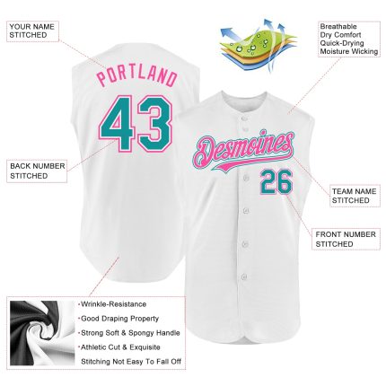 Custom Name and Number Personalized Baseball Jersey - White Teal Pink Sleeveless Authentic Team Gear Personalized White Teal-Pink