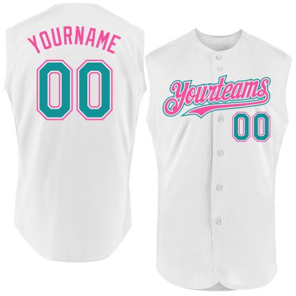 Custom Name and Number Personalized Baseball Jersey - White Teal Pink Sleeveless Authentic Team Gear Personalized White Teal-Pink