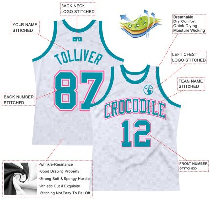 Custom Team Name Number Personalized Basketball Jersey Teal-Pink Authentic Throwback White Personalized White Teal-Pink Authentic